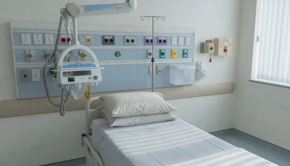 Hospital treatment bay with a bedhead service panel